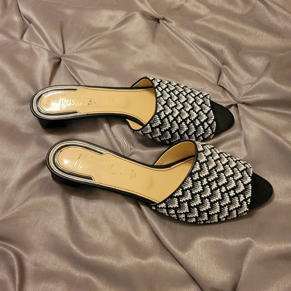 Jerome Rousseau Black & White Beaded Sandal Slide EU 41 / 10N